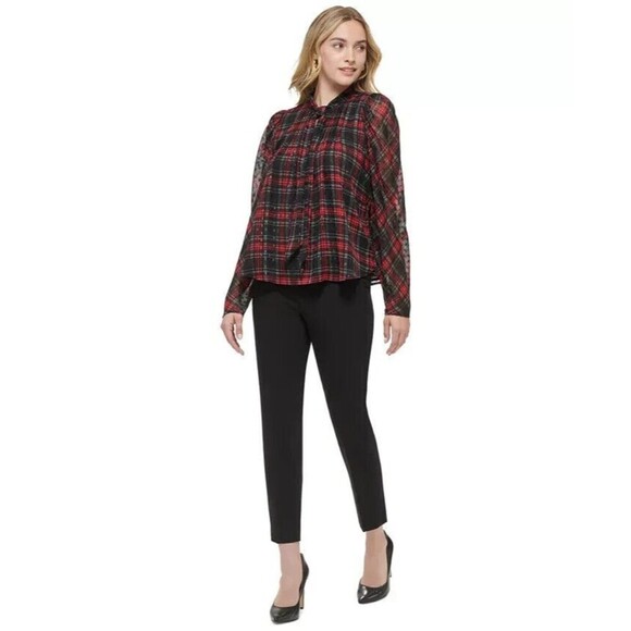 Tommy Hilfiger Women's Clip-Dot Pleated Tie-Neck Top Holidays Blouse Red Black M - Picture 3 of 5